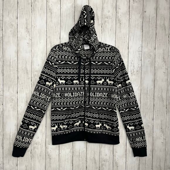 Aeropostle Holidaze Long Sleeve Black White Holiday Full Zip Hoodie Sweatshirt - Picture 1 of 9